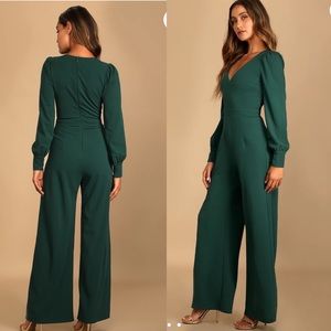 NEW Lulus Celebrating Romance Emerald Long Sleeve Wide-Leg Jumpsuit - Medium
